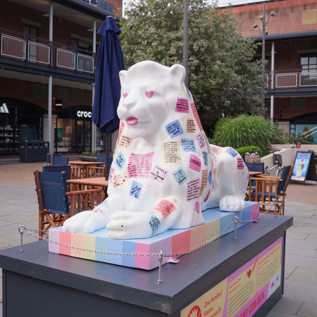 Colorful lion statue for Portsmouth Lions trail.