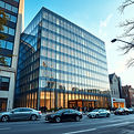 an outside view of a massive business firm in the city with cars and people outside of it