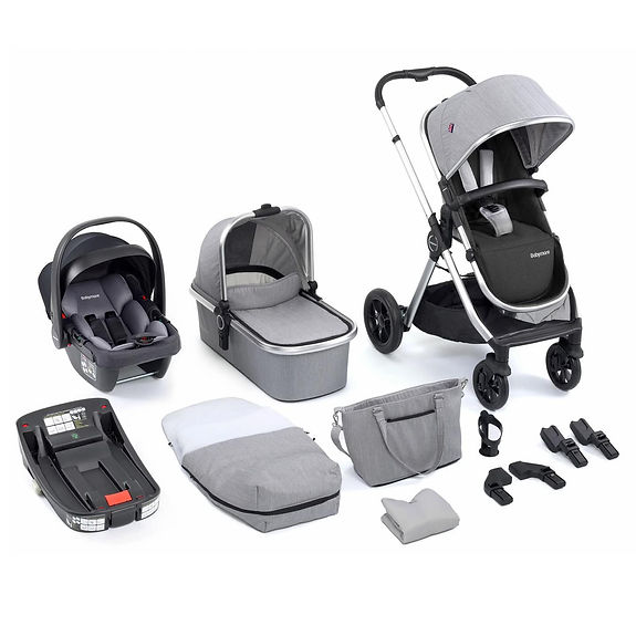 Gray baby travel system includes car seat, bassinet, stroller with black frame