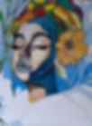 Abstract painting of a woman with closed eyes, colourful head wrap, and large flower near her face.