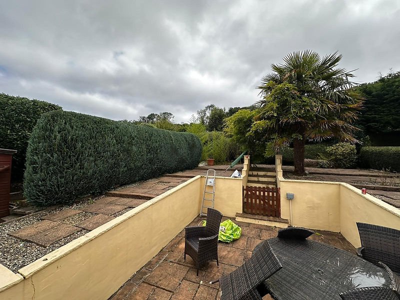 A cloudy back garden scene with a neatly trimmed hedge with a wicker furniture