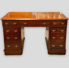 Vintage wooden desk with a glossy finish features nine drawers, six on the sides and three small ones across the top
