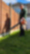Man using a leaf blower on grass near a wooden fence.