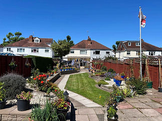 A sunny backyard garden with a neatly mowed lawn