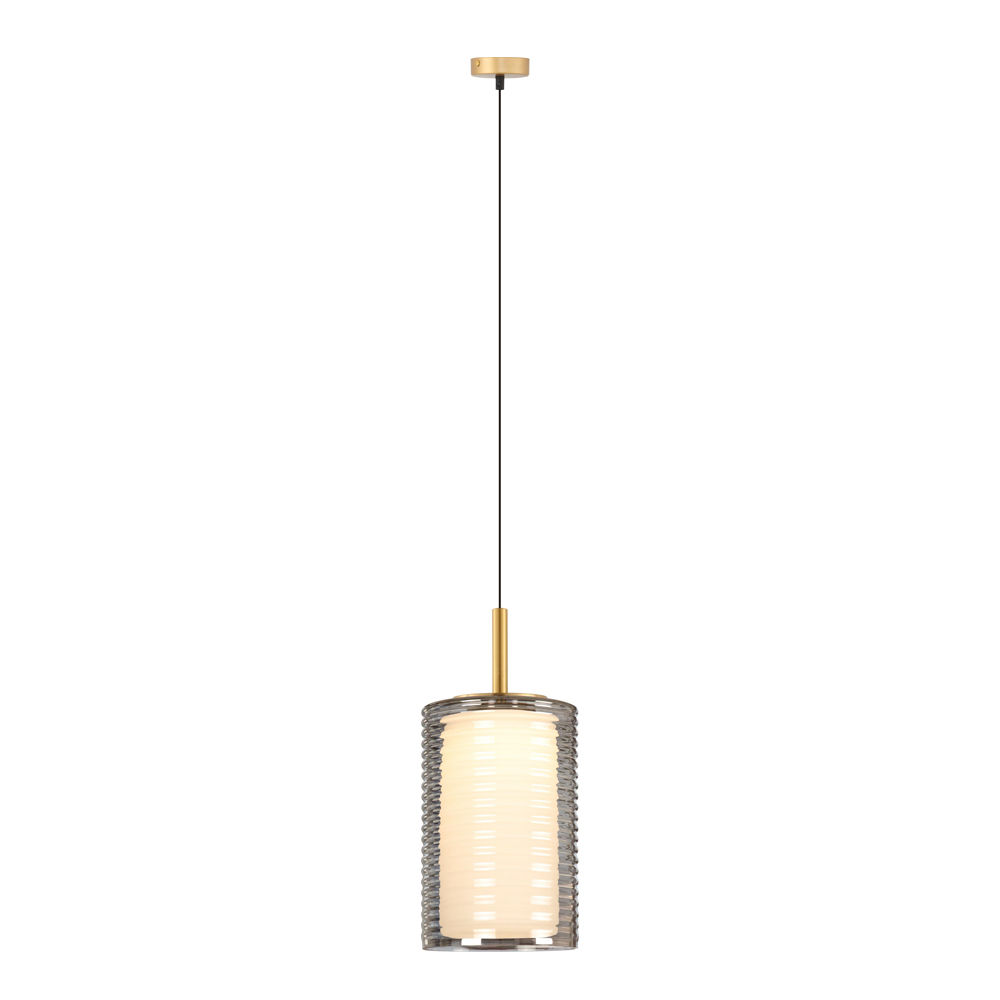 LED Pendant Lamp: Brass With Smoke Grey/White Glass, 9W 3000K; (L27xW18xH150)cm