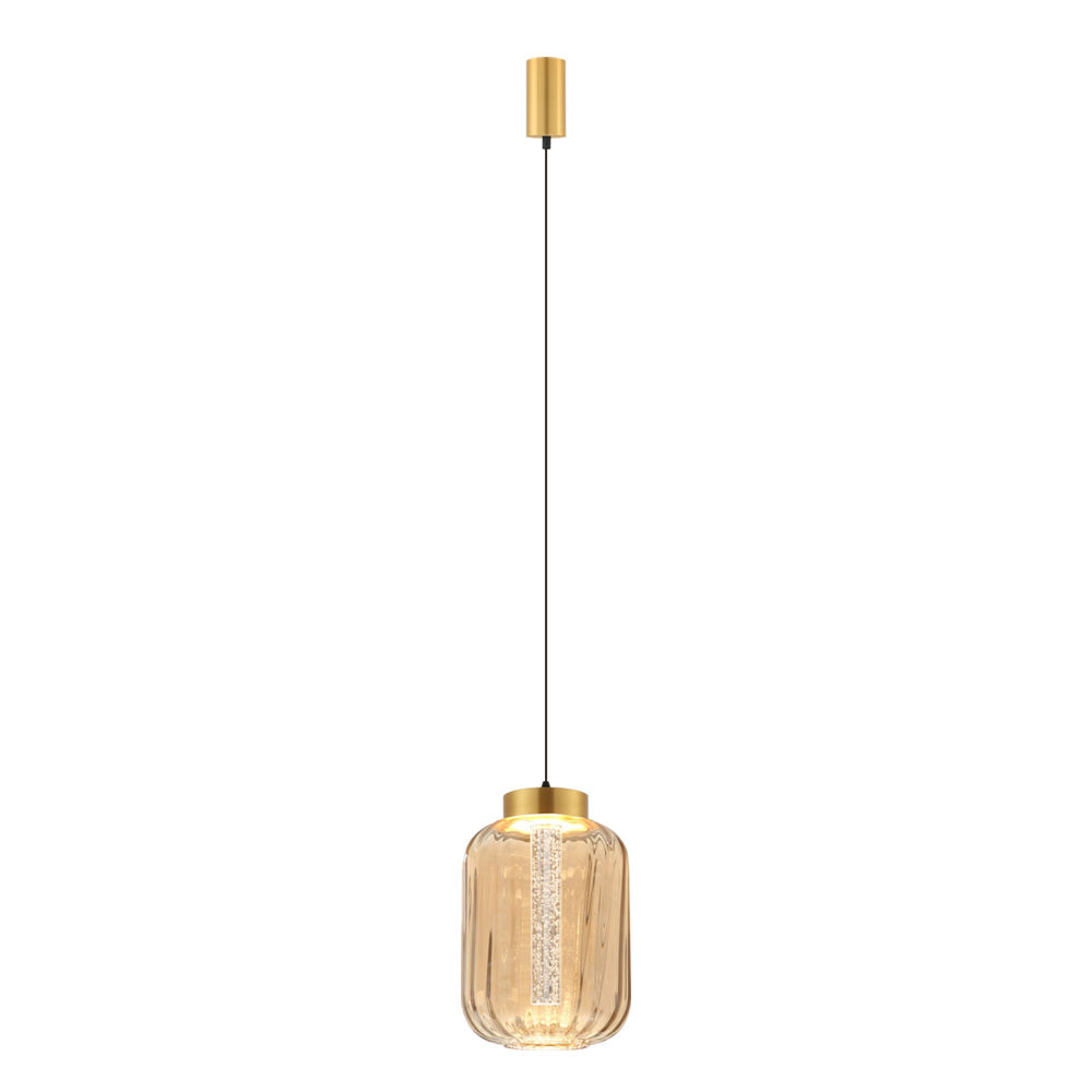 LED Pendant Lamp With Acrylic Tube: Brass With Amber Glass, 9W 3000K; (L21xW15xH