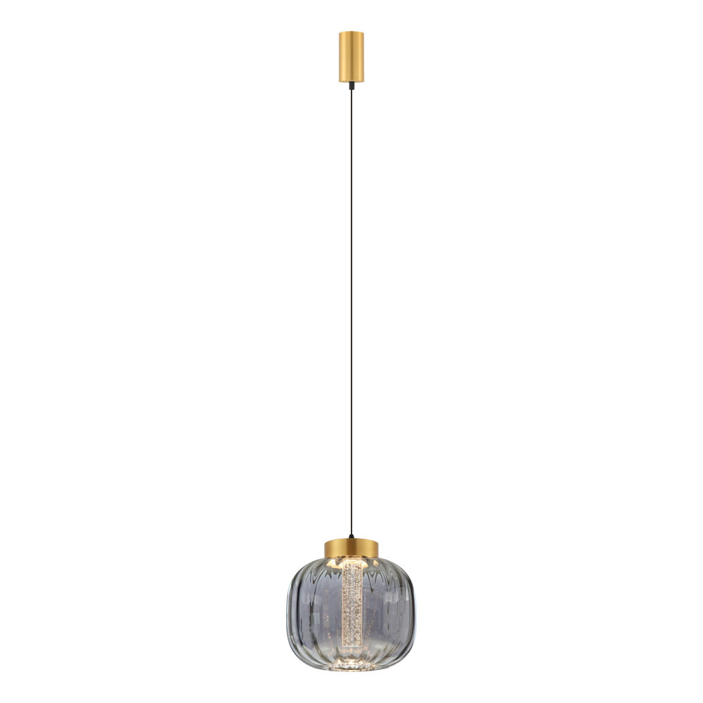 LED Pendant Lamp With Acrylic Tube: Brass With Smoke Grey Glass, 9W 3000K; (L19x