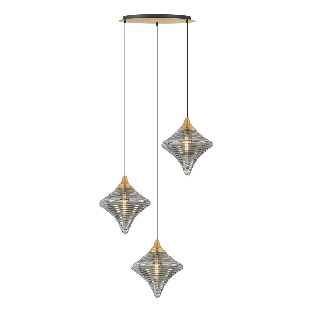 Pendant Lamp: Matt Black/Brass With Smoke Grey Glass, 3xE27; (L43xH150)cm