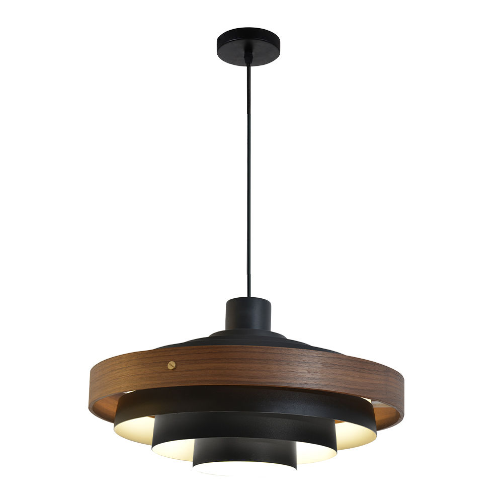 LED Pendant Lamp: Sand Black Iron/Deep Wood Color, E27; (Ø40xH24)cm