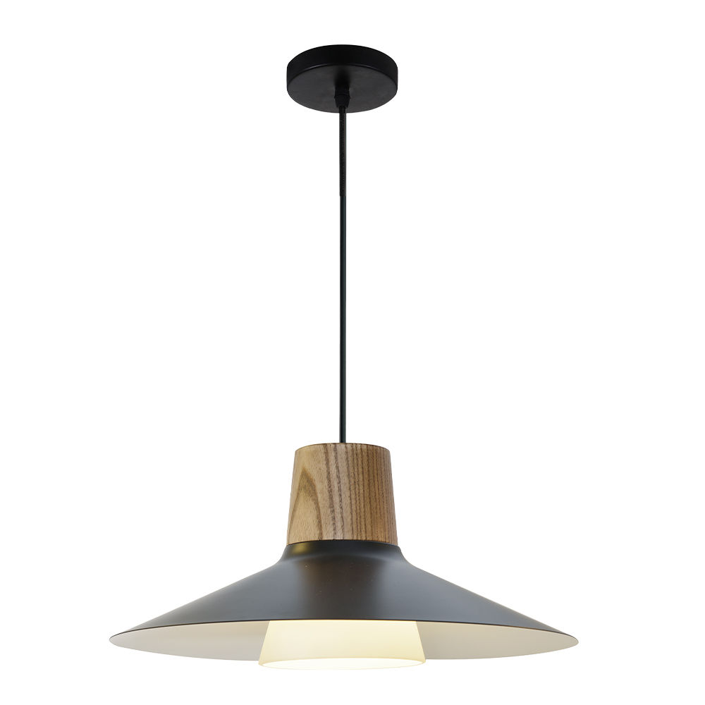 LED Pendant Lamp: Matt Black Iron/Deep Wood Color, E27; (Ø32xH15)cm