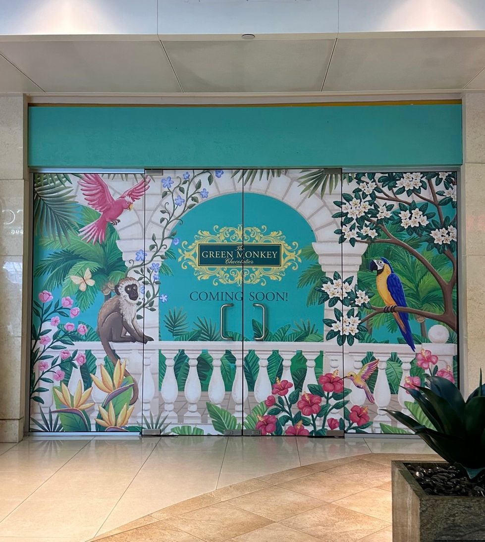 Tropical botanical illustration with palms decorating shop window for opening soon announcement.