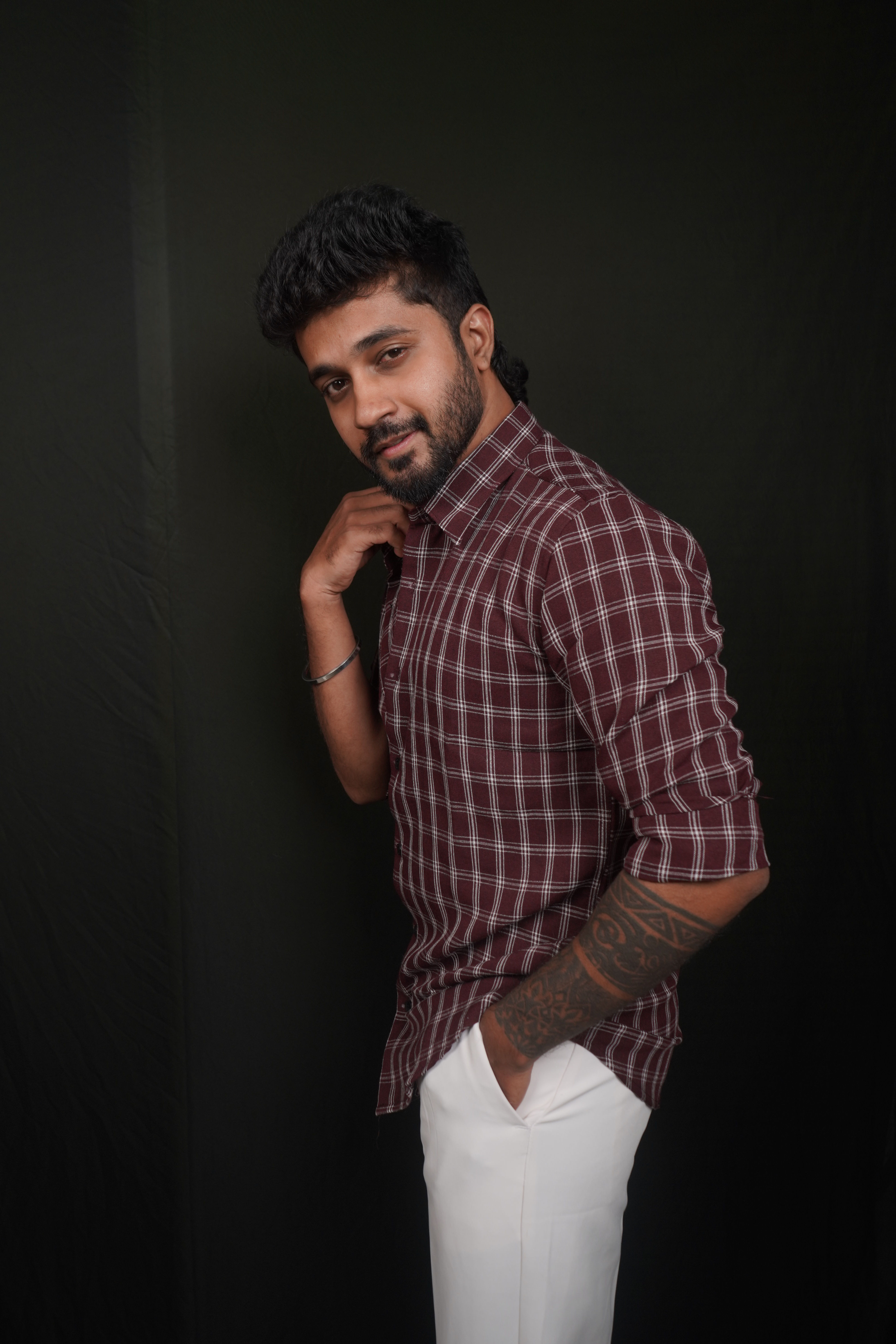 Maroon Checked Linen Blend Shirt