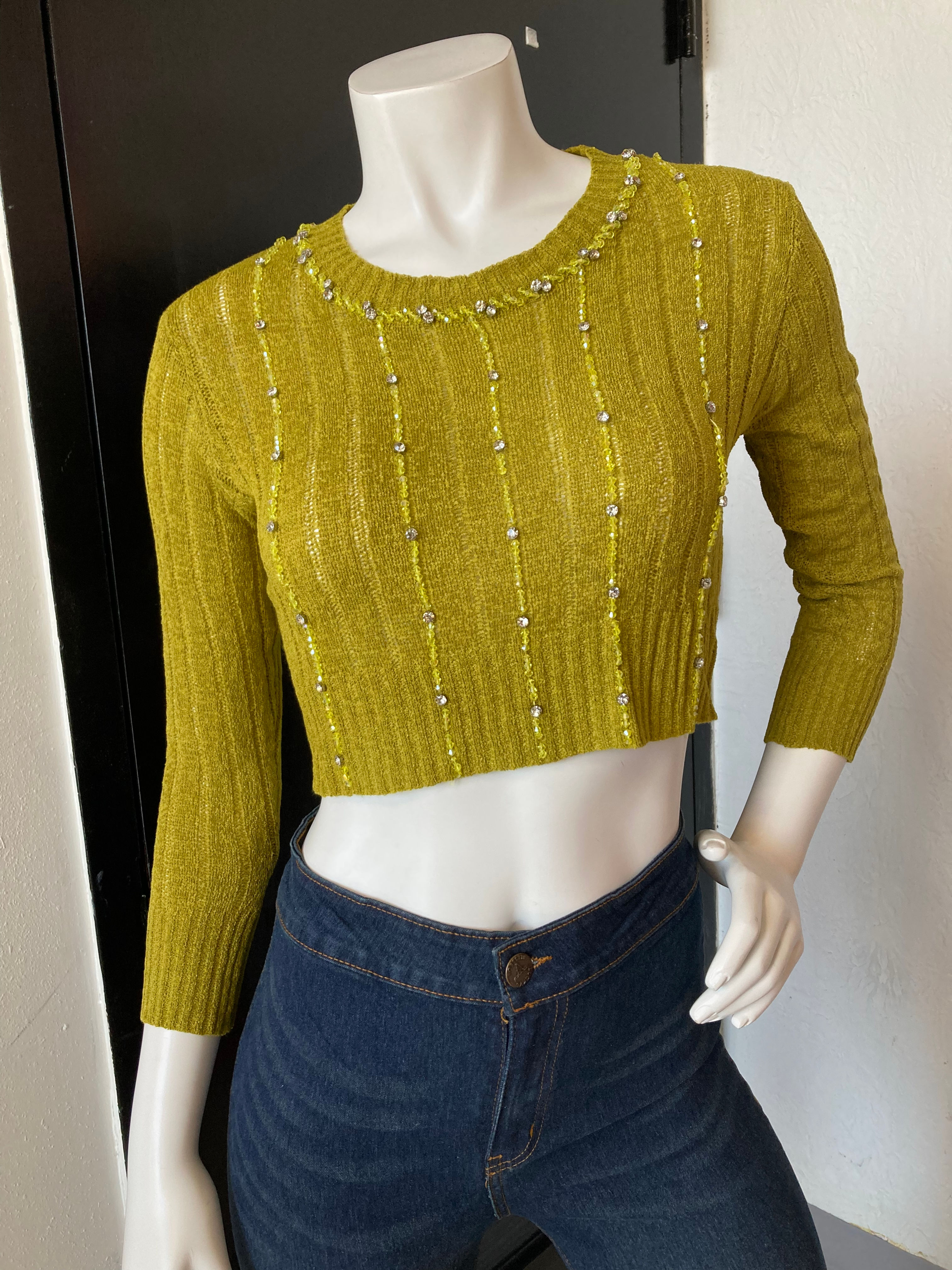 Olive Green Rhinestone Sweater