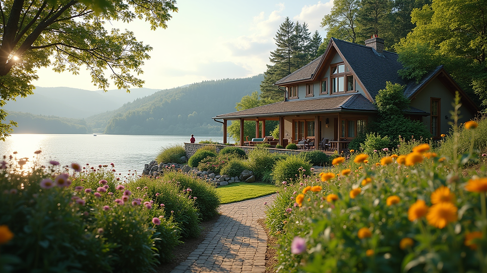 Eye-level view of a serene lakeside home with a beautiful garden