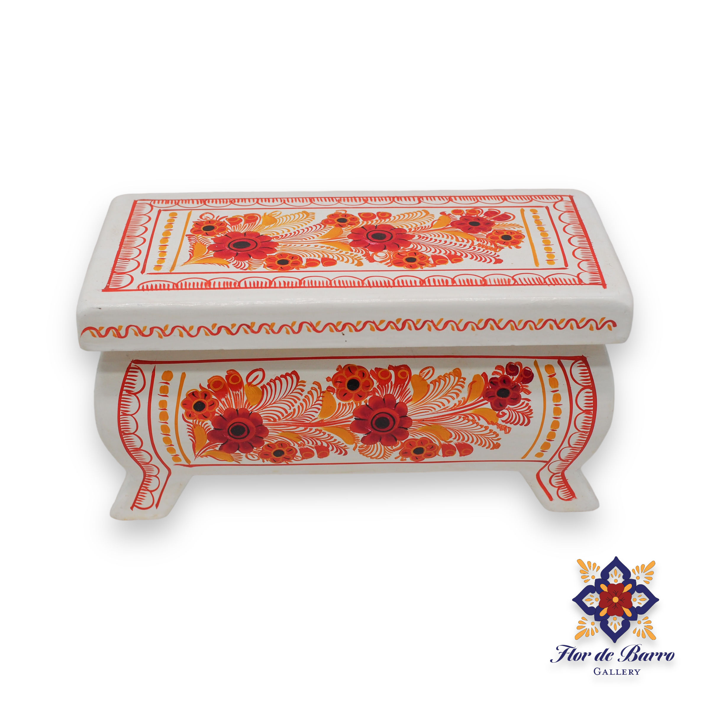 Paula Rosendo Patron | Lacquered Wooden Chest w/ Orange Flowers | Guerrero