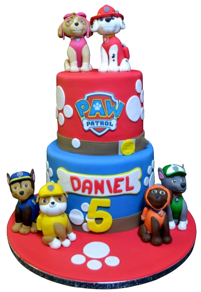 A whimsical and colourful Paw Patrol themed cake featuring two popular characters from the beloved children's animated series. Perfect for a birthday celebration or special event.