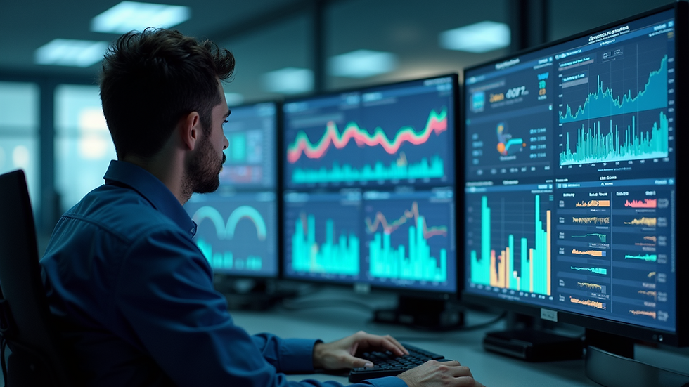 Eye-level view of a smart grid control center with data visualization screens