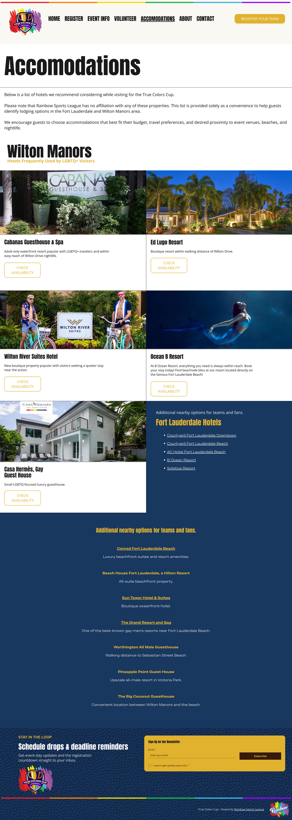 Web page design for True Colors Cup Accommodations. The page lists recommended LGBTQ-friendly hotels in Wilton Manors, including photos and descriptions for Cabanas Guesthouse, Ed Lugo Resort, and Wilton River Suites, plus additional hotel links for Fort Lauderdale.