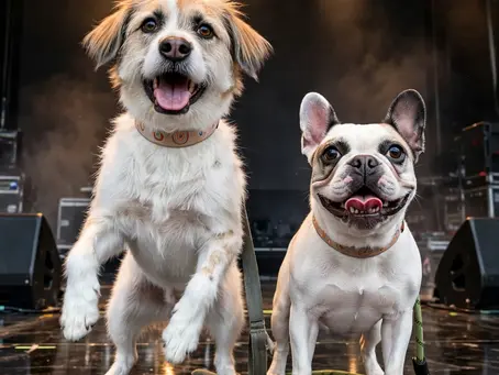 Cañon, a scruffy white-and-tan dog, and Daisy, a French bulldog, performing the Single Ladies dance on a concert stage