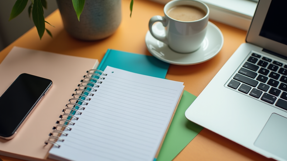 High angle view of a colorful workspace with a notebook, coffee, and laptop