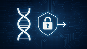 DNA strand and lock icon on blue tech background symbolize secure genomic data. Circuit patterns and binary code add a digital feel.