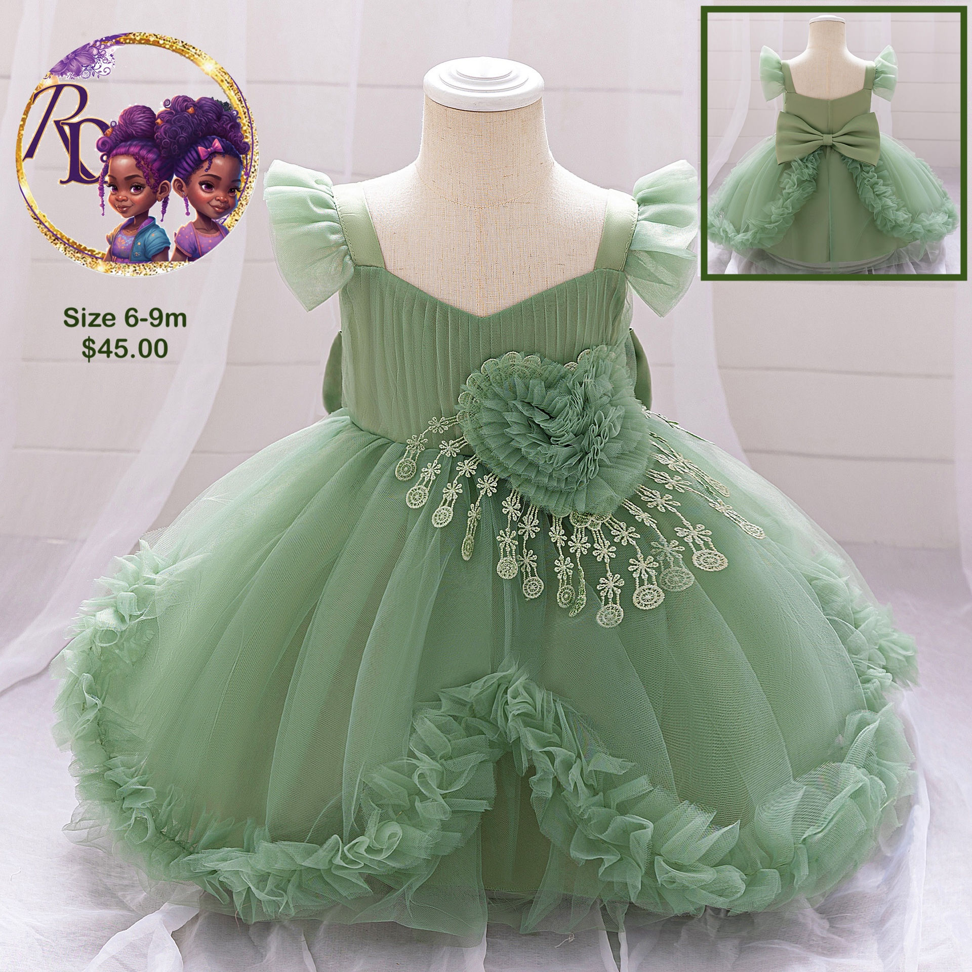 Sage Green, Ribbed Bodice, Heart Shape Applique Dress