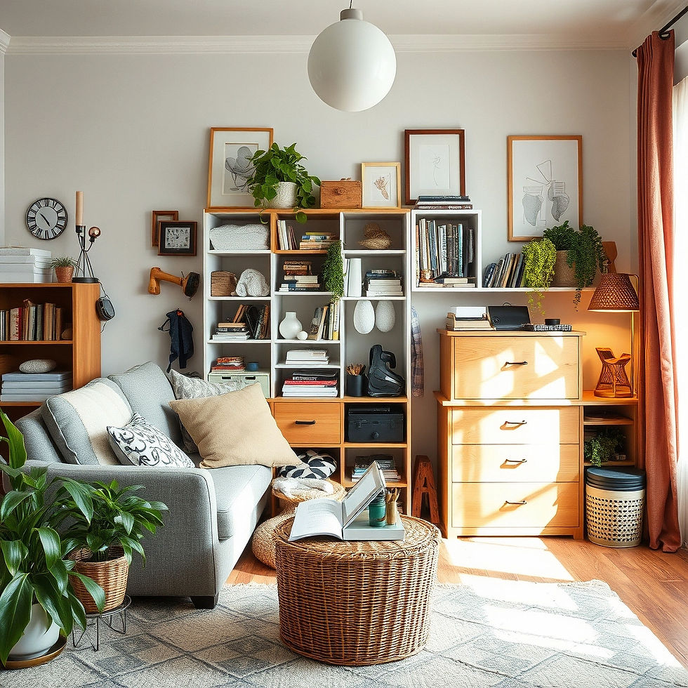 Stylish living room with organized shelves and couch