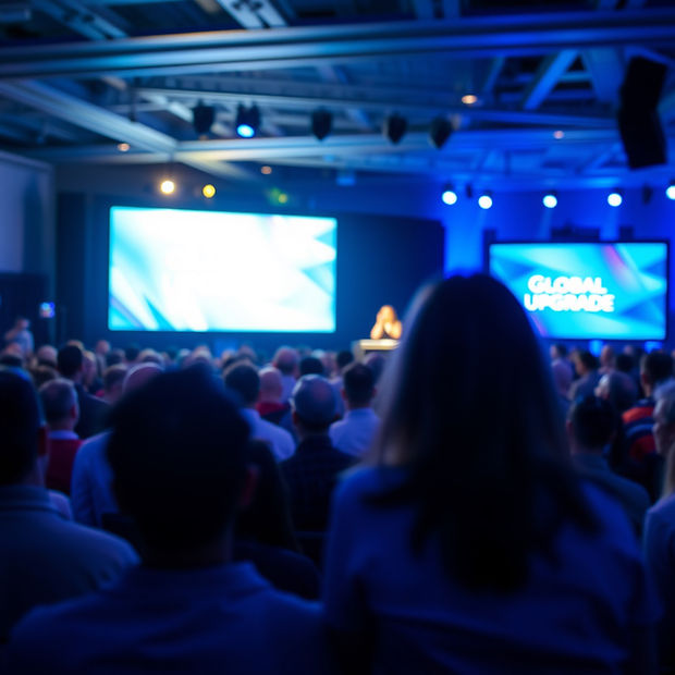 create a highly dynamic blurred photo of a large engaged audience from the back facing a s