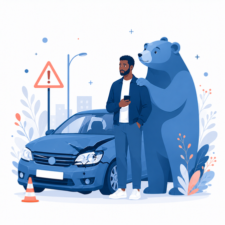 Man standing beside a damaged car after an accident while a large bear places a supportive paw on his shoulder, symbolizing guidance and protection from mama bear law after a car crash.