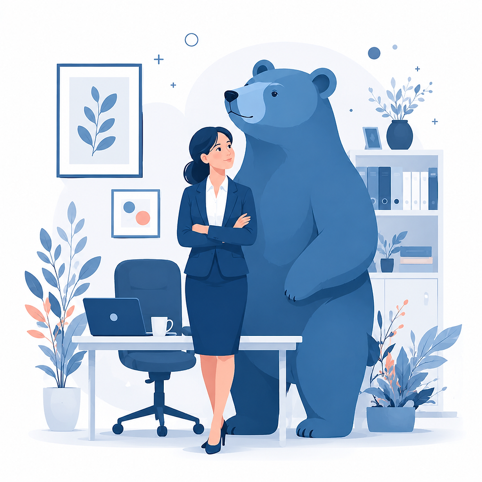 Businesswoman standing confidently in an office with a large blue bear beside her, symbolizing Mama Bear Law’s supportive guidance and protection.