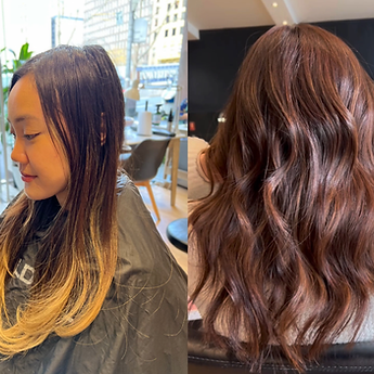 Before and after no bleach balayage on medium-length dark hair, natural dimension added without lightener, styled by Sunny Sun in Melbourne CBD