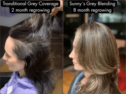 “Tillie’s grey hair before and after full head foil balayage – soft golden beige tone replaces harsh regrowth line”