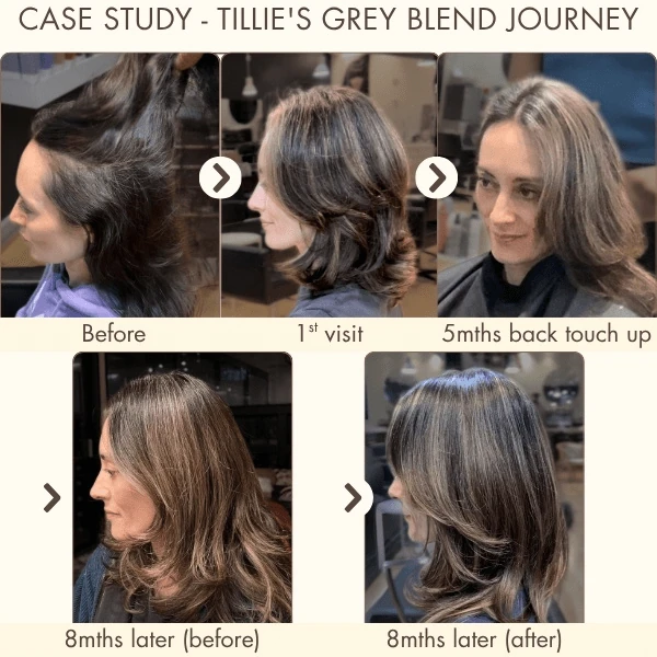 Tillie receiving custom foil placement for grey blending treatment