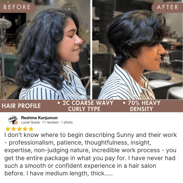Client review and result of curly haircut by Sunny Sun, showing bouncy defined waves
