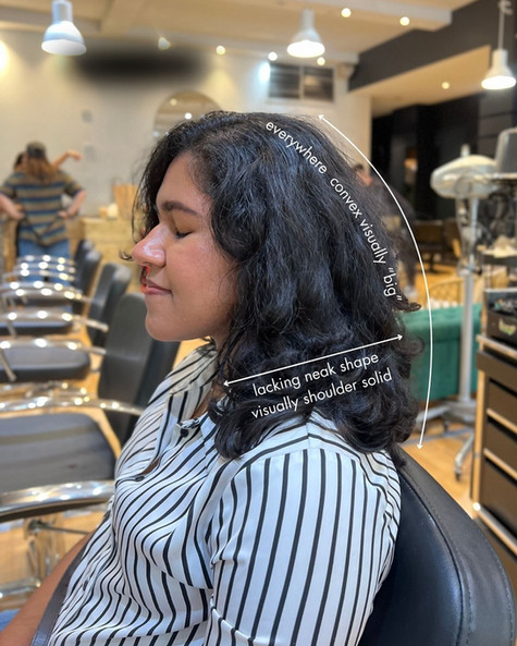"Before haircut: bulky, chunky curly hair with uneven volume and heavy shape around the sides."