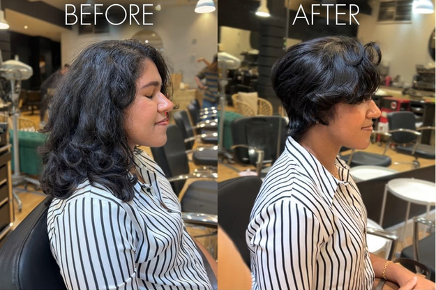 "Before haircut: bulky, chunky curly hair with uneven volume and heavy shape around the sides." "After haircut: soft, feminine 'S' shaped curls with balanced, flowing movement; visual guide with double-arrow lines showing even balance across the haircut."