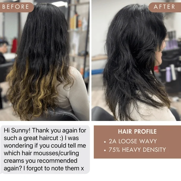 Client review and result of curly haircut by Sunny Sun, showing bouncy defined waves