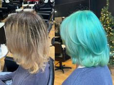A vibrant Aruba Blue cosplay-inspired hair transformation, created by Sunny Sun Hair in Melbourne, featuring a full head bleach and vivid color styling.
