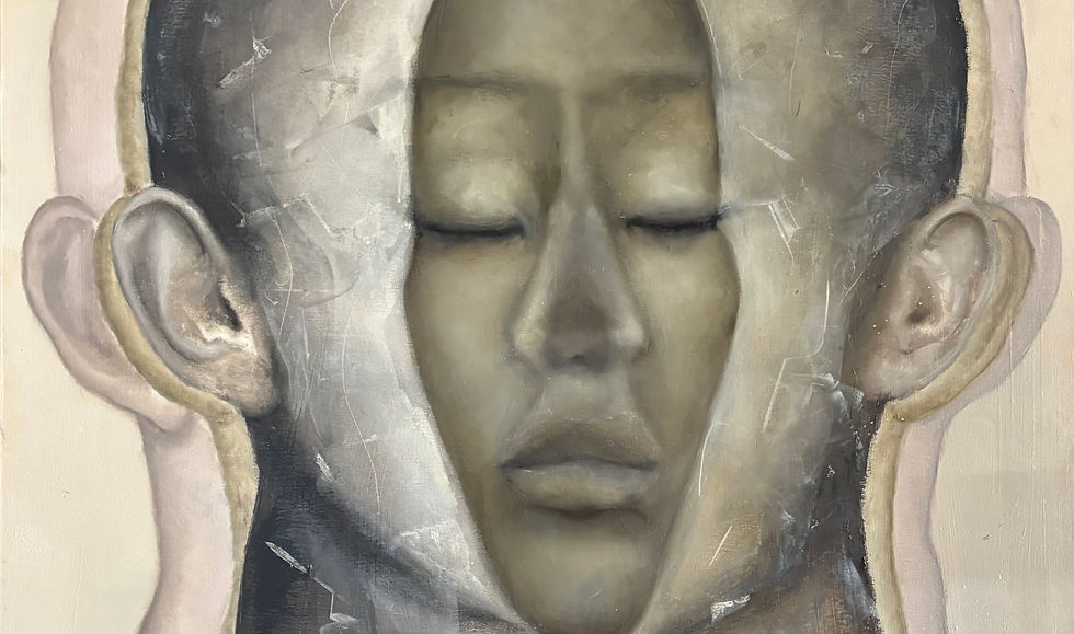 Tra due volti, opera della ricerca pittorica di Daniela Volpi, 100 × 100 cm