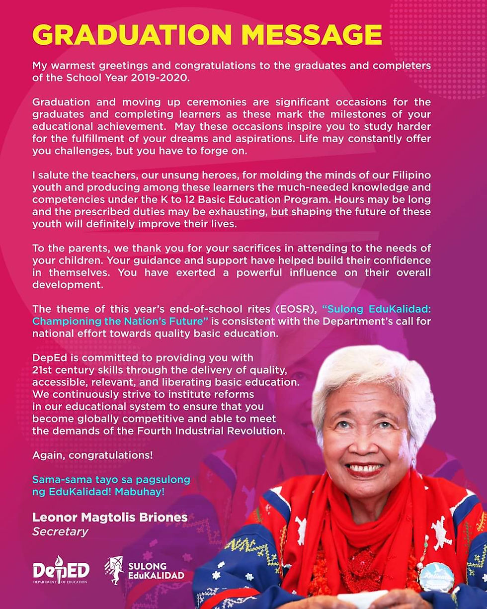 Secretary’s Message on the Graduation/Moving-up Ceremonies for School Year 2019-2020