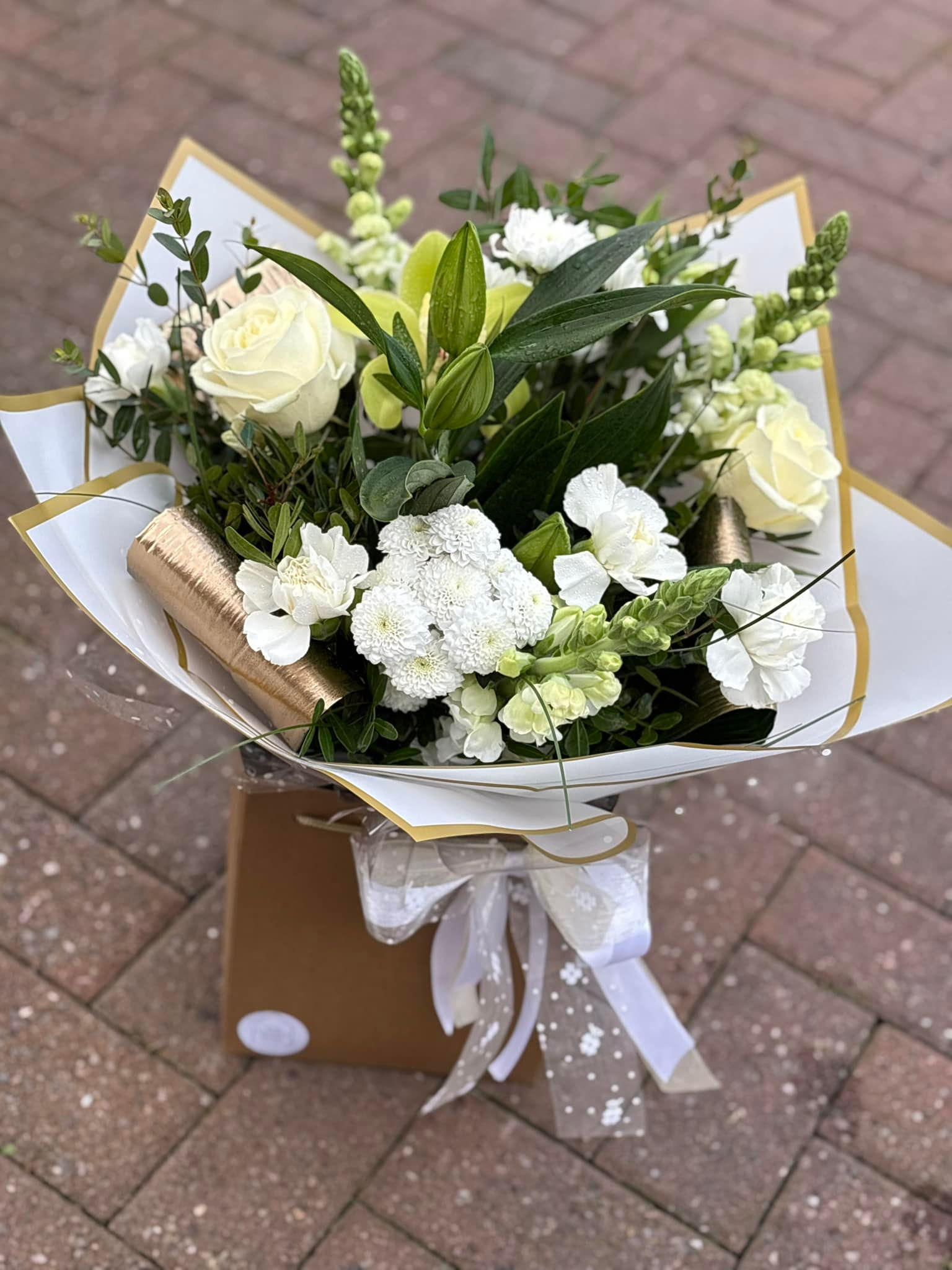 Elegant White and Gold Handtied Bouquet
