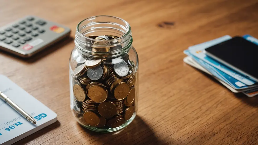 High angle view of a savings jar beside a credit card