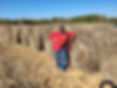 Brenda Waller stands in a field in front of a row of large bales of hemp. 