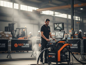 Technicien NEOTUBE CHEMISAGE supervisant une opération de chemisage discrète dans un entrepôt industriel en pleine activité, montrant la non-interruption des opérations.