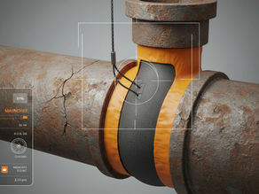 Vue en coupe 3D d'une canalisation montrant une manchette de réparation (packer) en cours d'installation au niveau d'un branchement en T défectueux, illustrant la précision de l'opération
