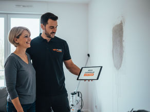 Illustration montrant un expert NEOTUBE CHEMISAGE présentant un devis de chemisage à un couple rassuré, devant un mur intact suite à un dégât des eaux.