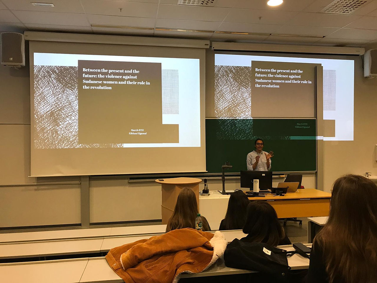 Eihlam presenting about the recent events in Sudan at Amnesty International's Human Rights Week in Stavanger, 2019