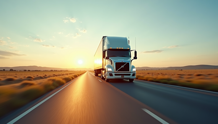 Eye-level view of a long-haul truck driving on an open highway surrounded by fields