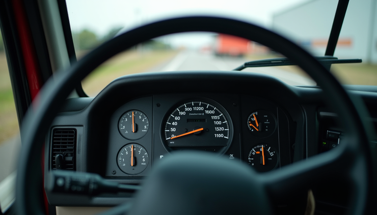 Eye-level view of a commercial truck dashboard showing speedometer and gauges