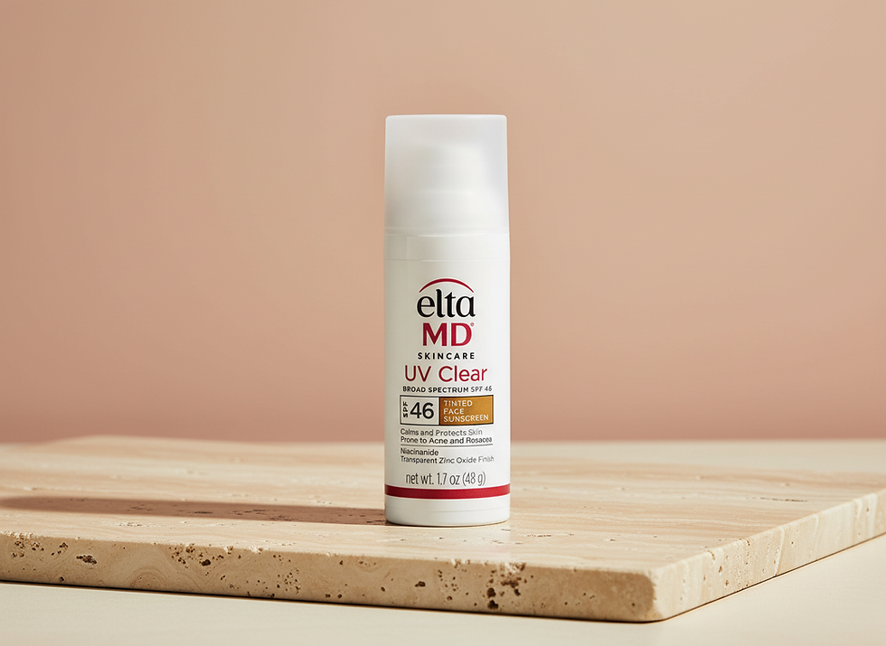 White EltaMD UV Clear Tinted Broad-Spectrum SPF 46 bottle on beige surface